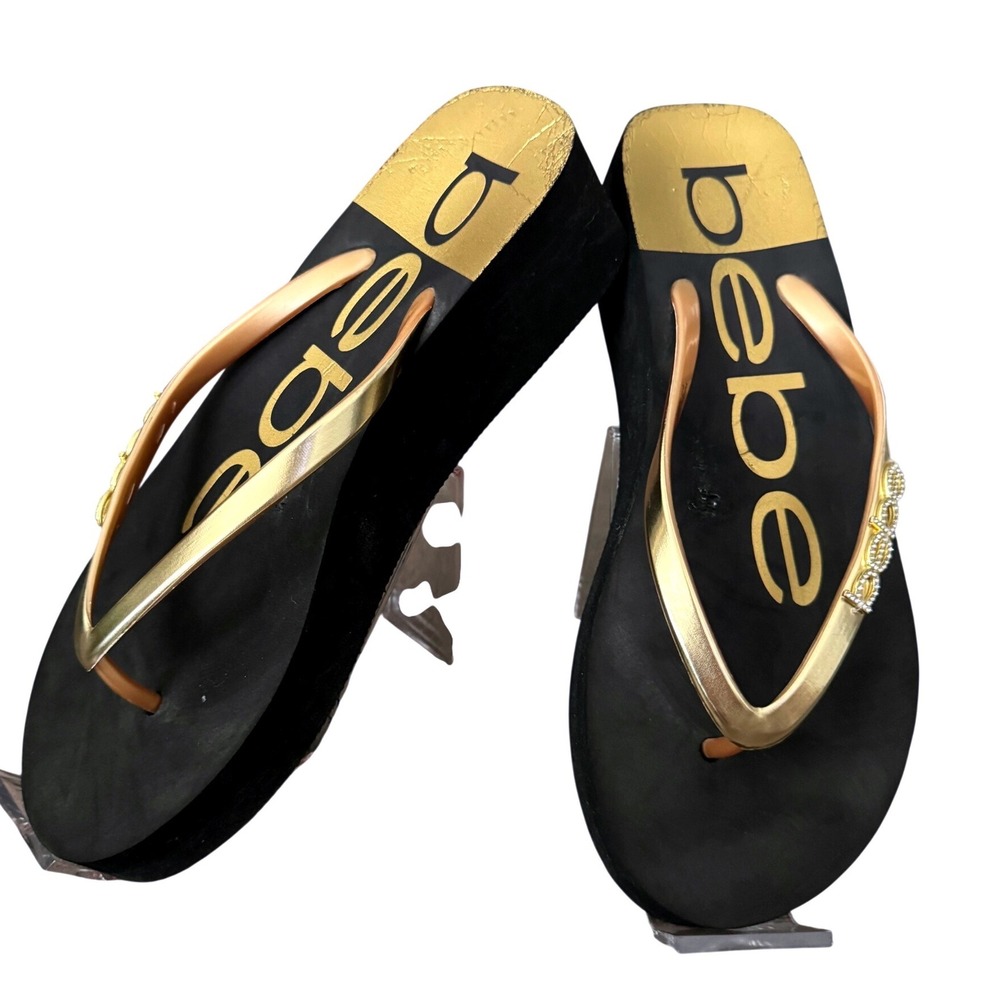 Y2K Bebe Platform Flip Flops Gold Logo Rhinestone Wedge Sandals 2000s Size 8